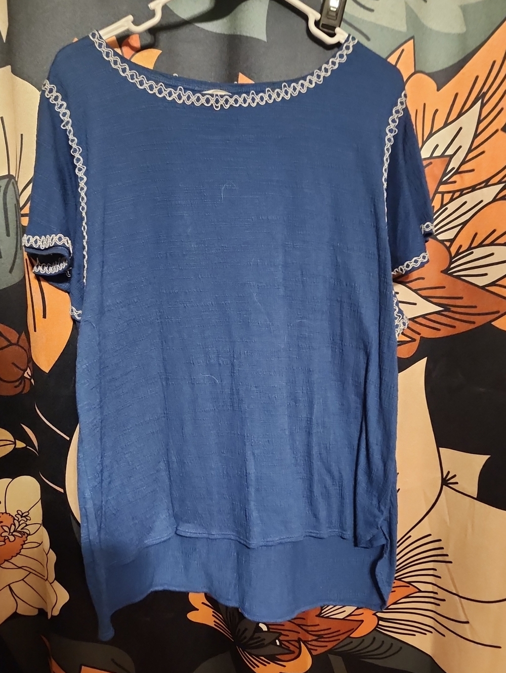 Max Studio Blue Short Sleeve Top with White Loop Trim